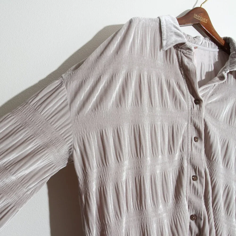 Free People My Best Top Winter Fog Grey Velvet Button Down Tunic Size Medium